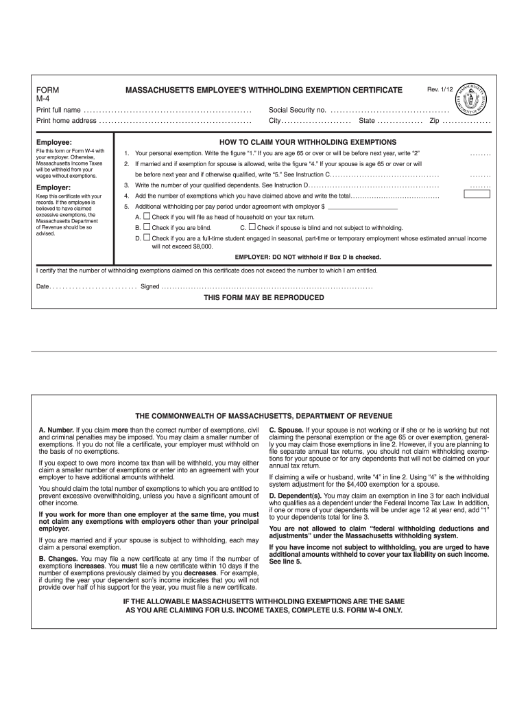 2012 Form MA DoR M 4 Fill Online Printable Fillable Blank PdfFiller