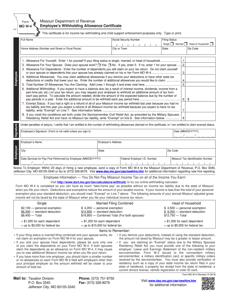 2014 Form MO W 4 Fill Online Printable Fillable Blank PdfFiller