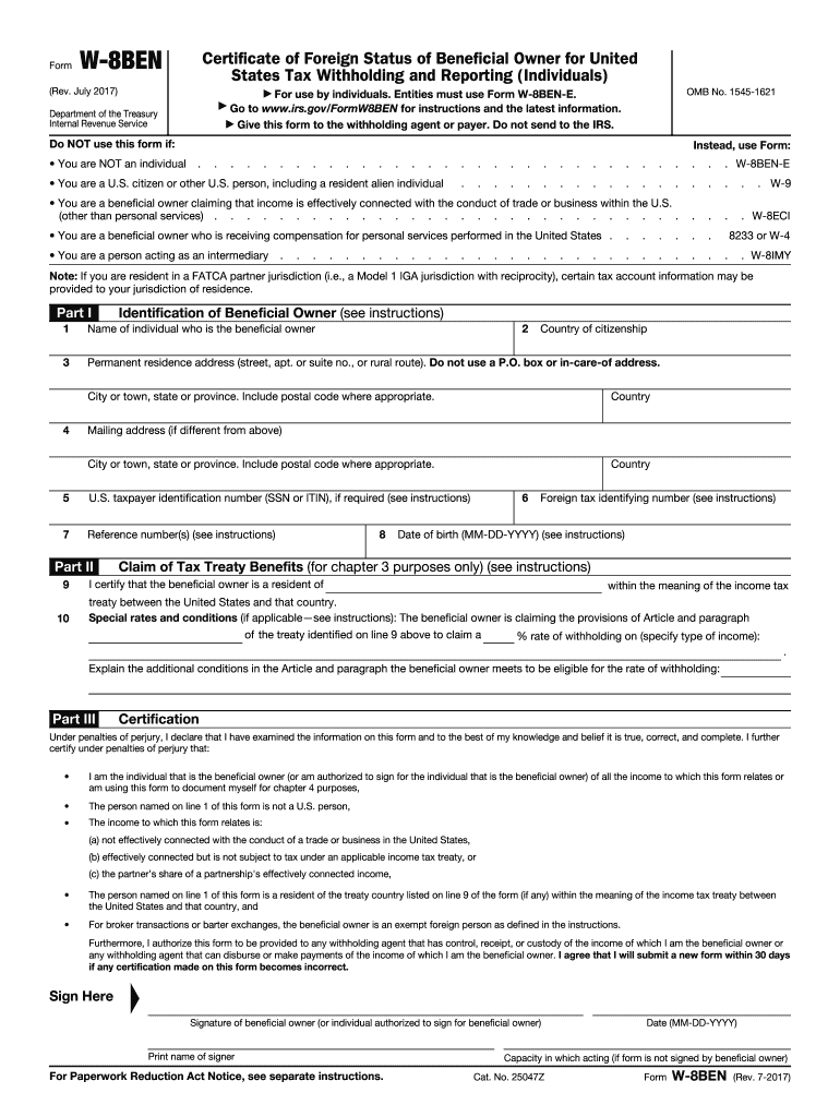 2017 2021 Form IRS W 8BEN Fill Online Printable Fillable Blank 