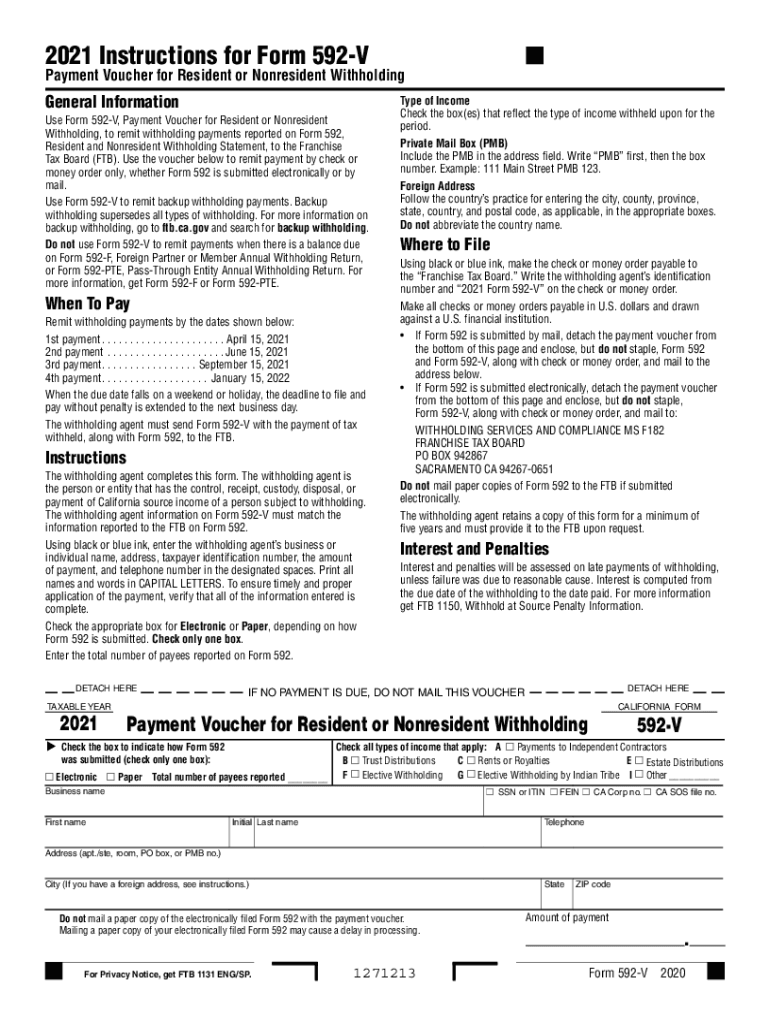 2021 Form 592 V Payment Voucher For Resident And Nonresident 