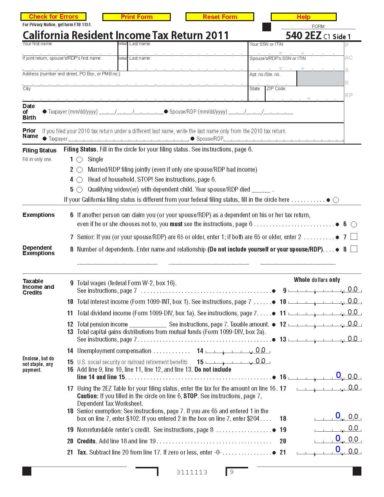 540 2EZ Form Math California Resident Income Tax Return