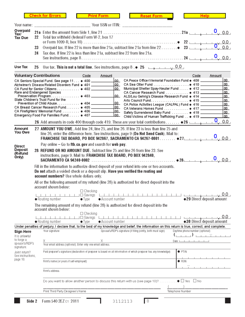 540 2EZ Form Math California Resident Income Tax Return