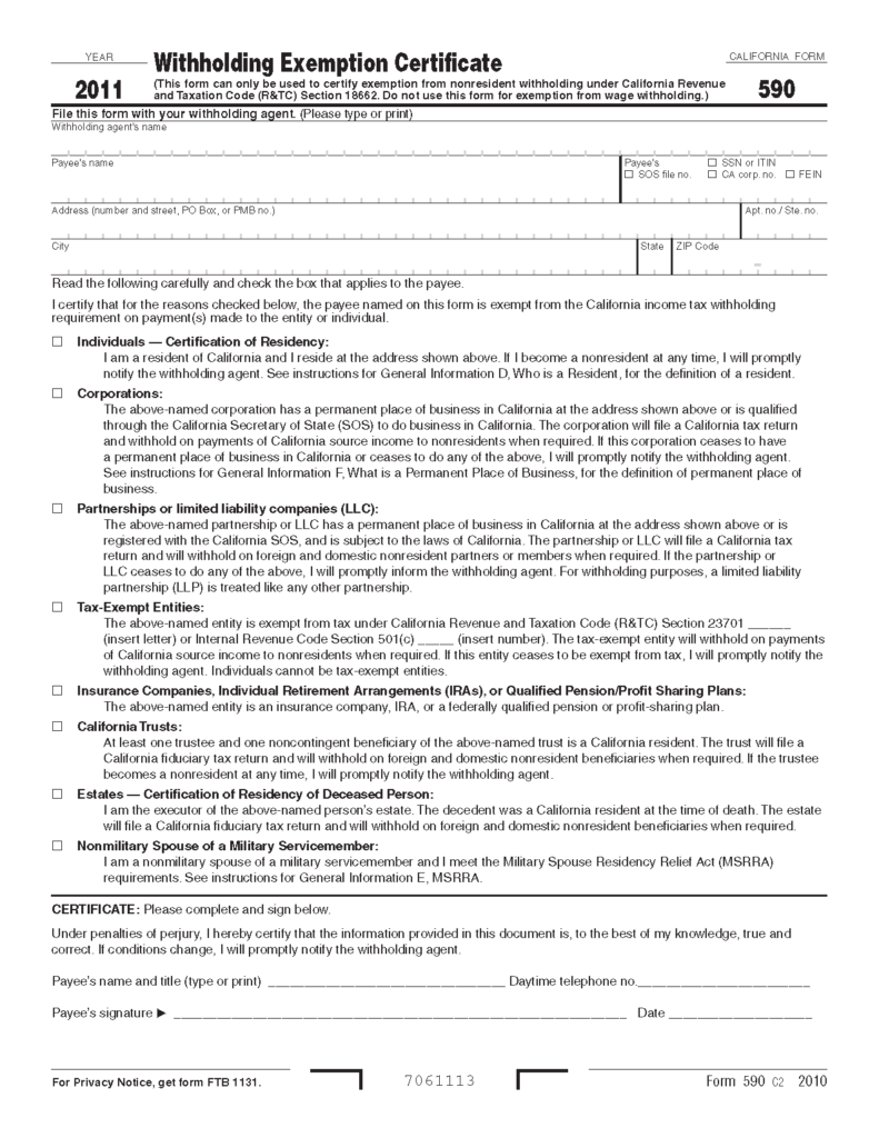 590 Form Withholding Exemption Certificate