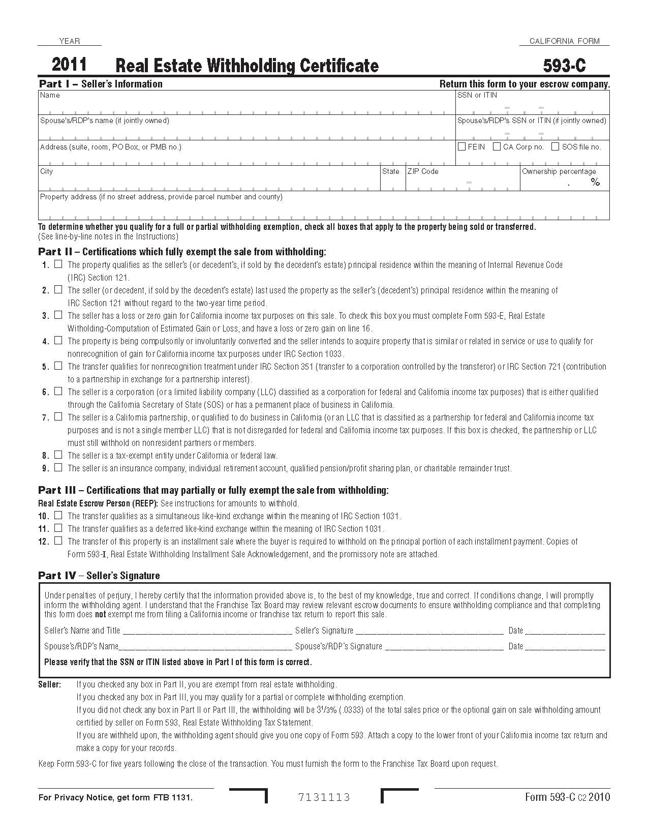 593C Form Real Estate Withholding Certificate