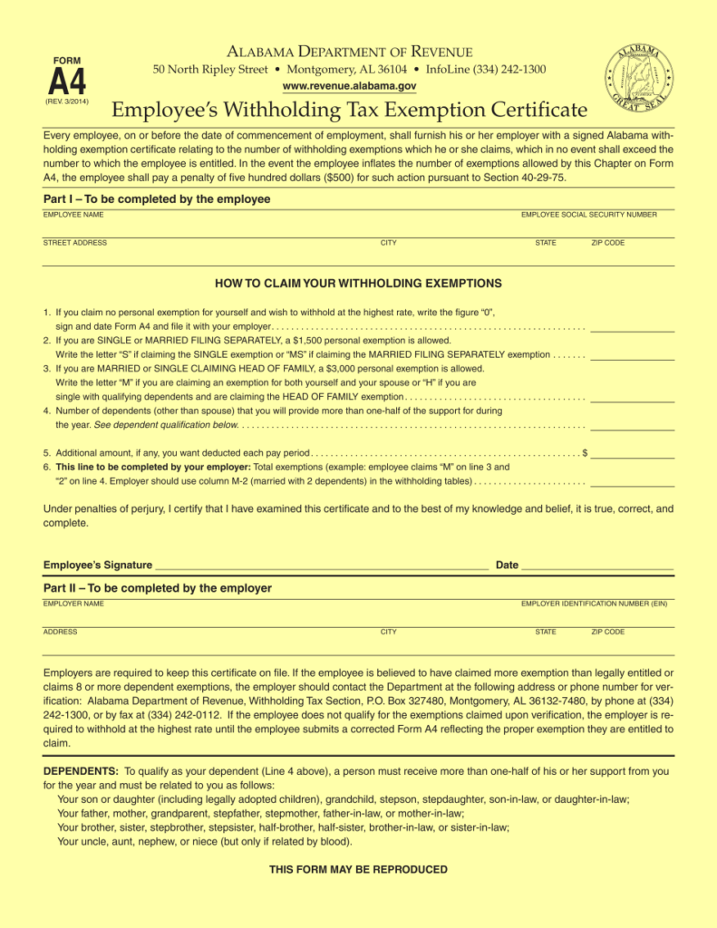 Alabama A 4 Printable Form AL W 4 Form