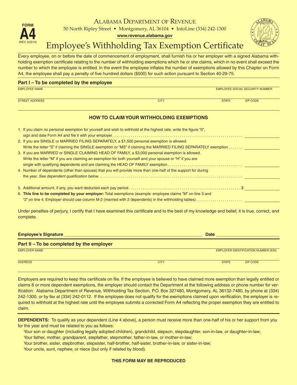 Alabama A 4 Printable Form AL W 4 Form