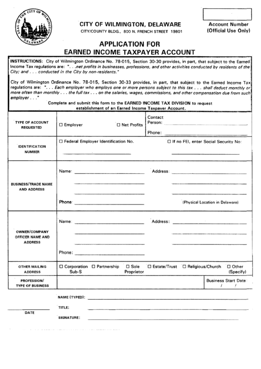 Application For Earned Income Taxpayer Account City Of Wilmington 