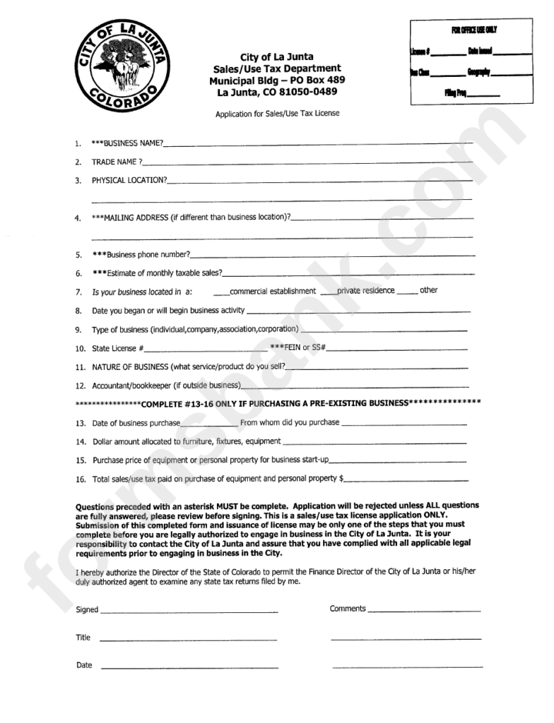 Application For Sales use Tax License Form City Of La Junta Colorado 