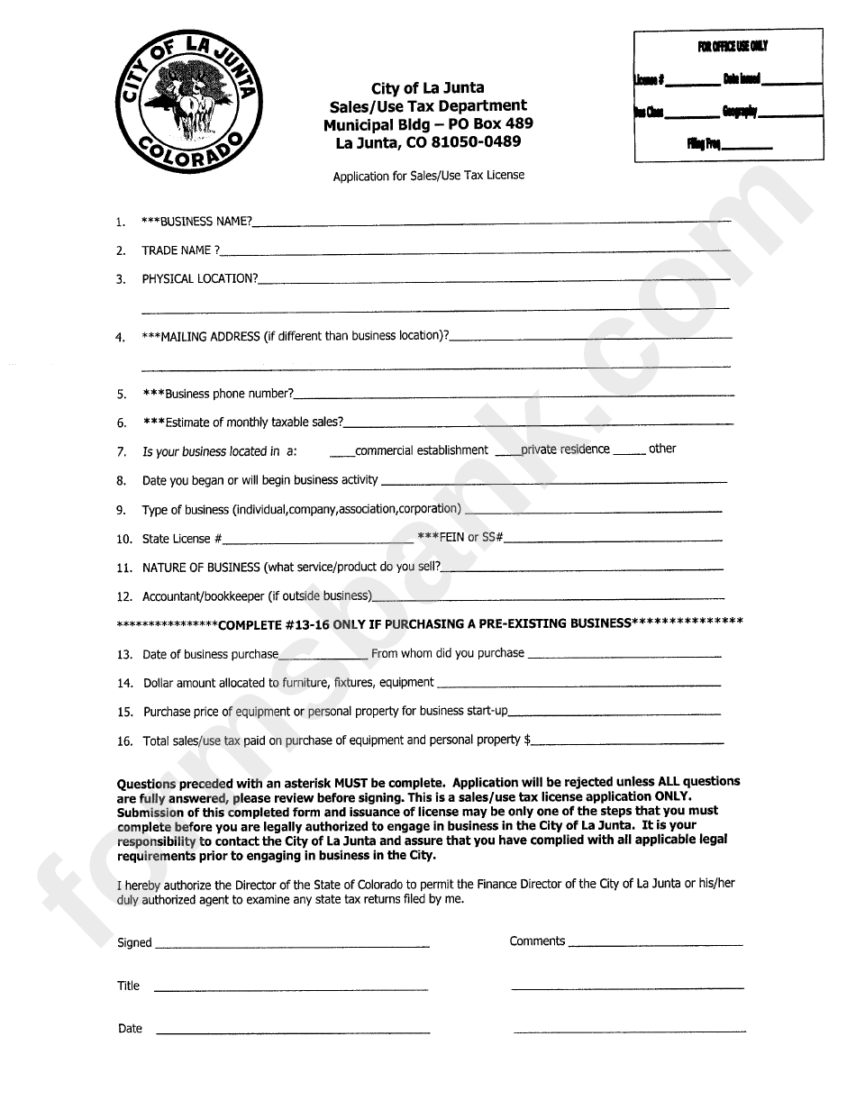 Application For Sales use Tax License Form City Of La Junta Colorado 