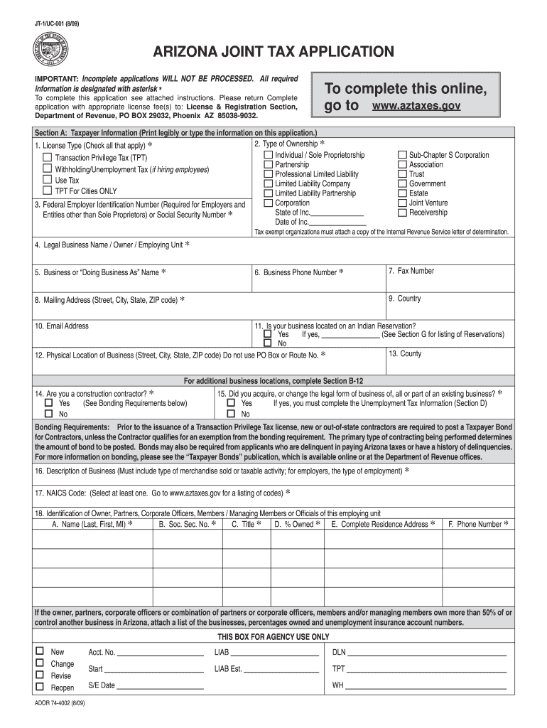 Arizona Joint Tax Application Fillable Form Printable Forms Free Online