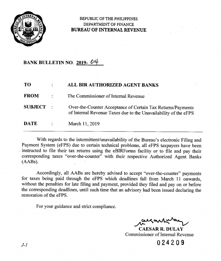 BIR Temporarily Allows EBIR Filing And OTC Payments