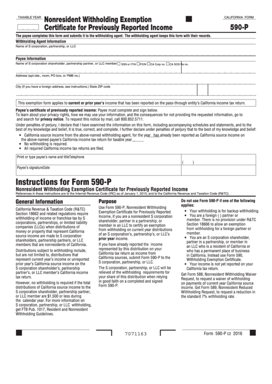 California Form 590 P Nonresident Withholding Exemption Certificate 