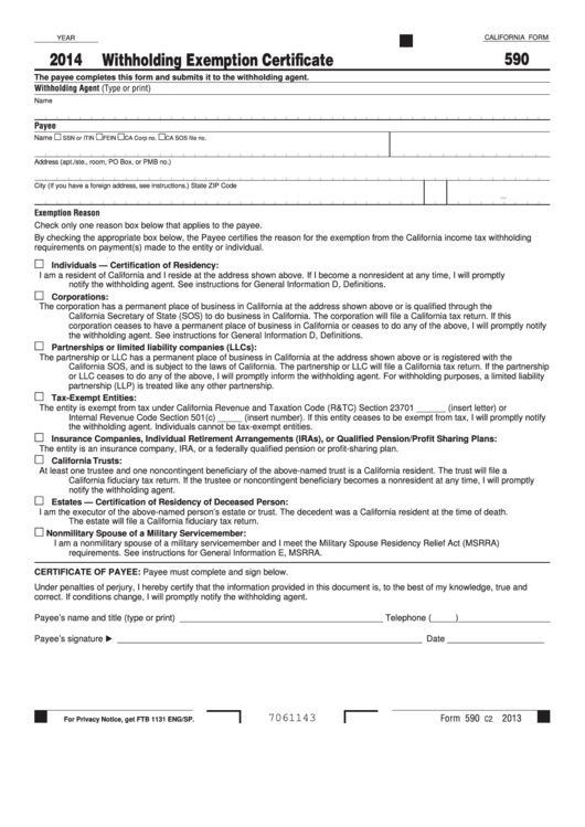 California Form 590 Withholding Exemption Certificate 2014 