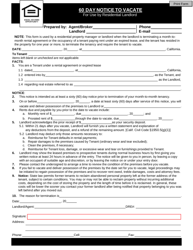 California Lease Termination Letter Form 60 Day Notice EForms