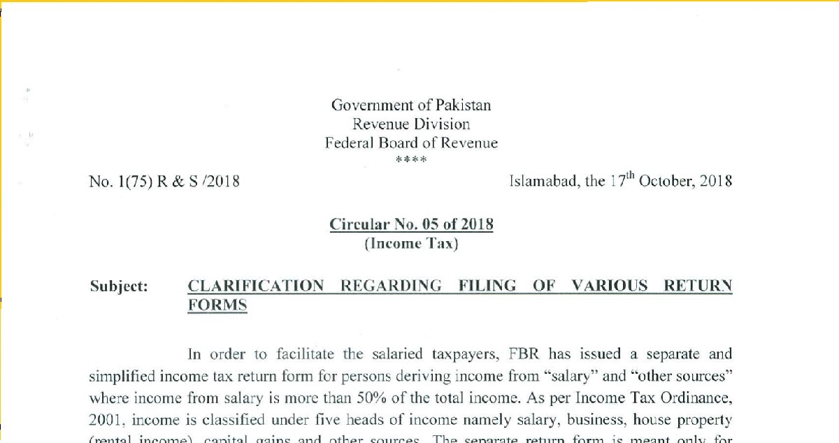 Circular No 05 Of 2018 Income Tax CLARIFICATION REGARDING FILING 