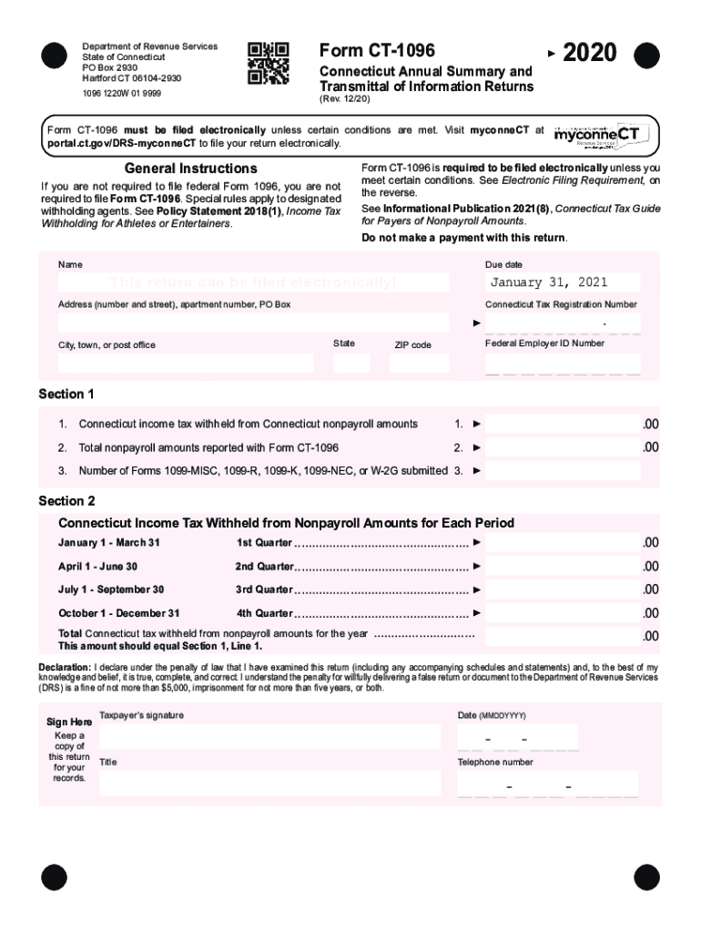 CT DRS CT 1096 2020 Fill Out Tax Template Online US Legal Forms
