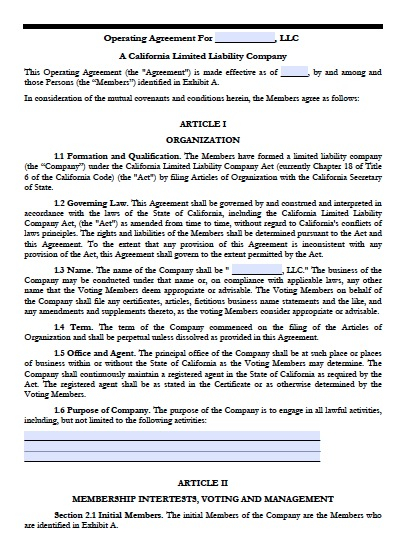 Download California LLC Operating Agreement Templates PDF Word 