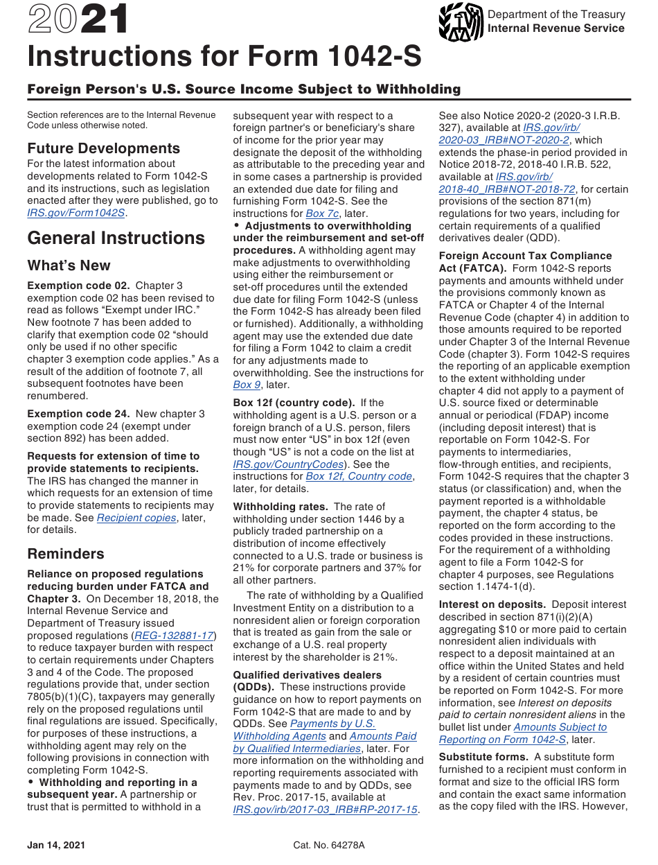 Download Instructions For IRS Form 1042 S Foreign Person s U S Source 