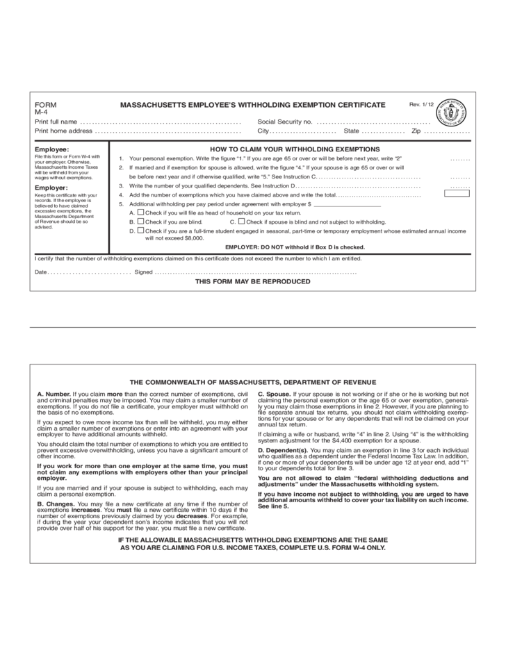 Employee s Withholding Exemption Certificate Massachusetts Free Download