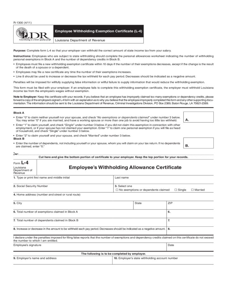 Employee Withholding Exemption Certificate L 4 Louisiana Free Download