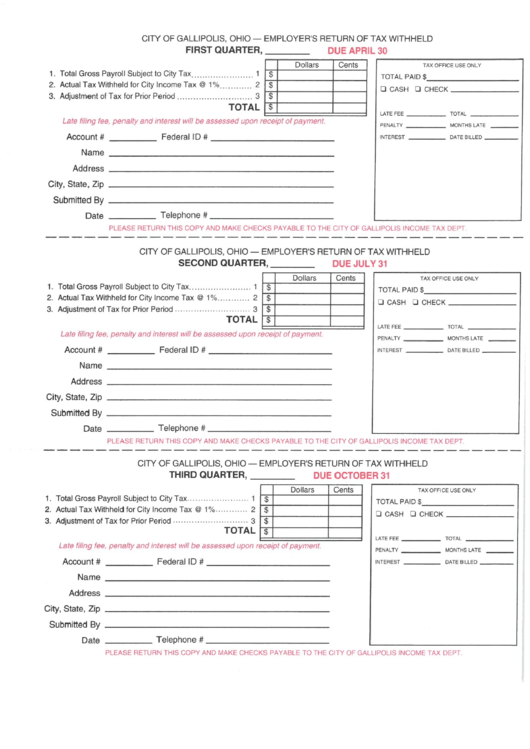 Employer S Return Of Tax Withheld Form City Of Gallipolis Ohio