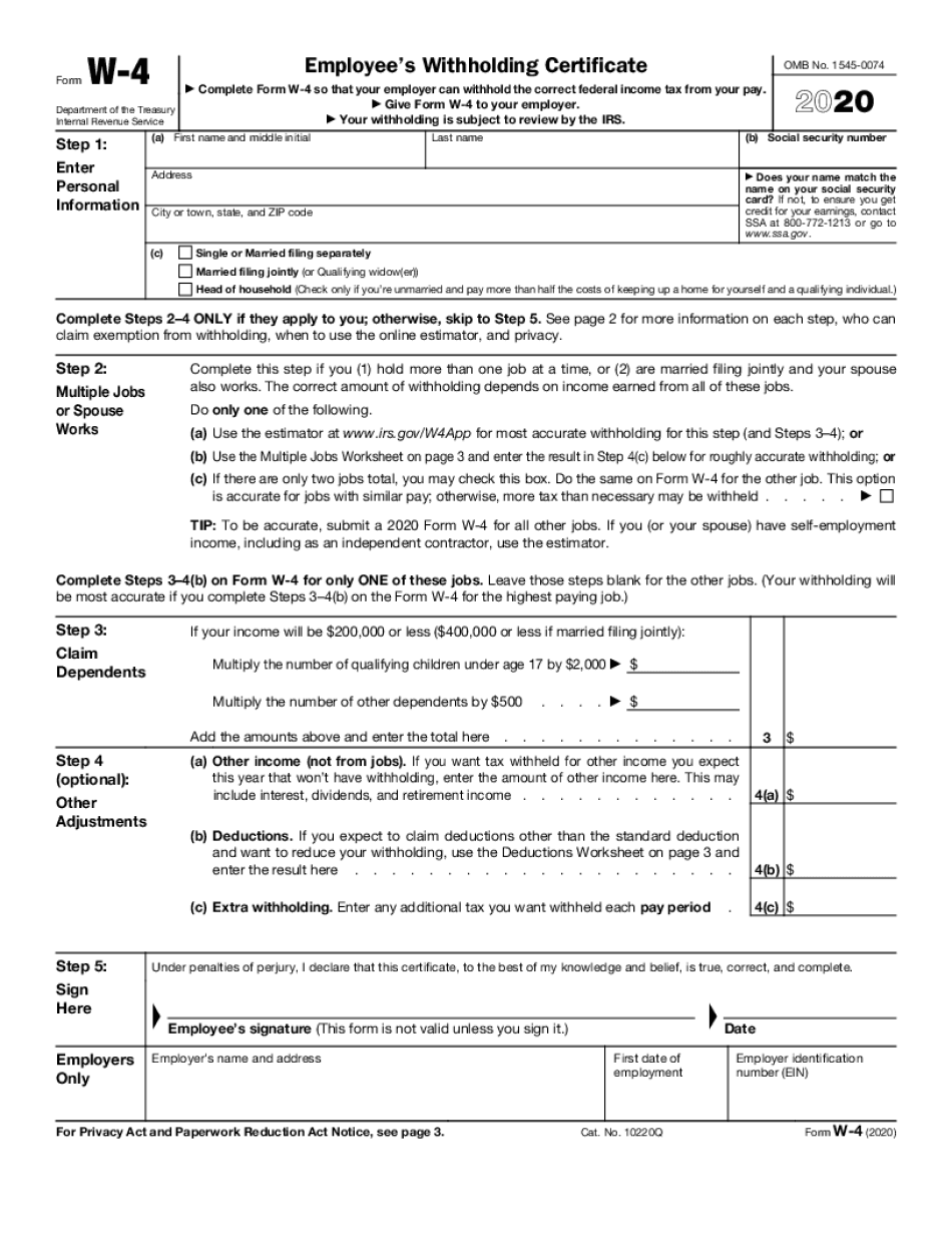 Federal W 4 Worksheet 2020 Printable Fillable Online Blank 