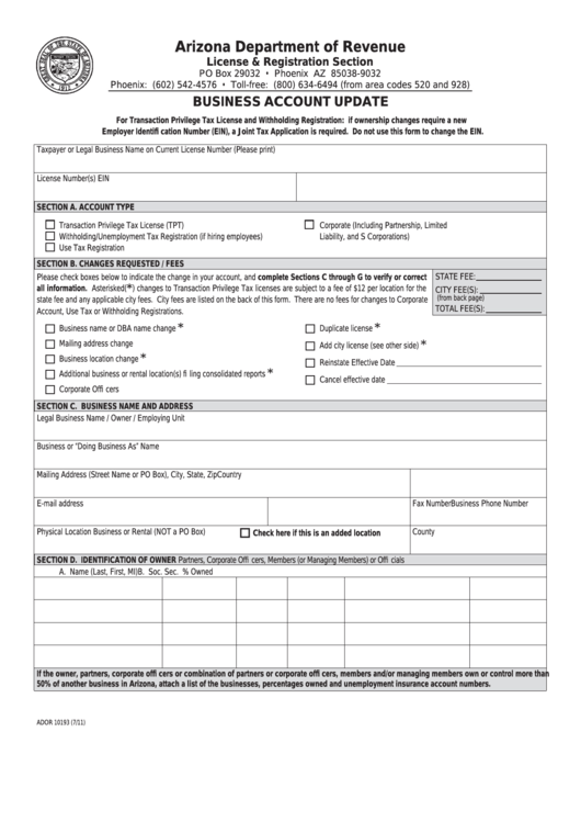 Fillable Arizona Form 10193 Business Account Update Printable Pdf