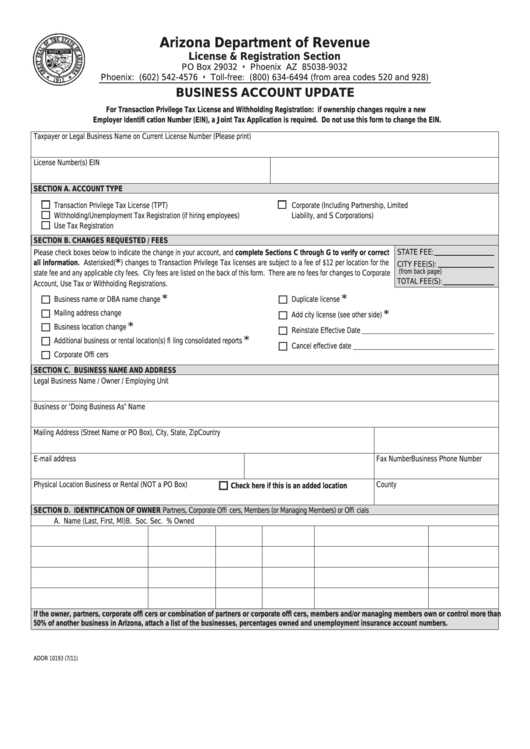 Fillable Arizona Form 10193 Business Account Update Printable Pdf 