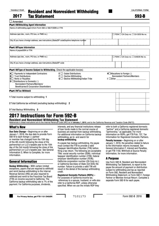 Fillable California Form 592 B Resident And Nonresident Withholding 