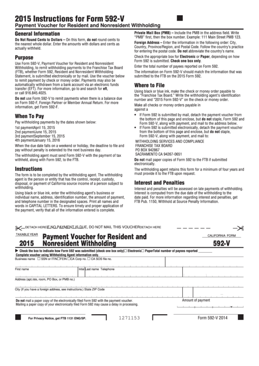 Fillable California Form 592 V Payment Voucher For Resident And 