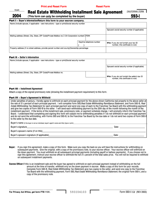 Fillable California Form 593 I Real Estate Withholding Installment 