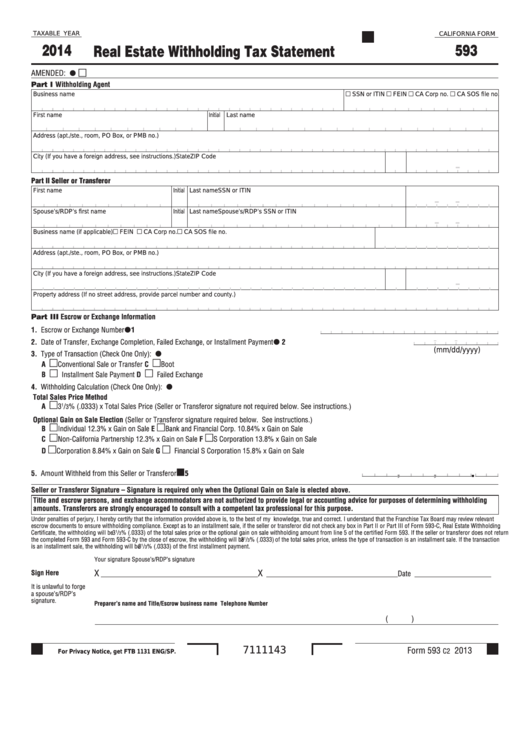 Fillable California Form 593 Real Estate Withholding Tax Statement 