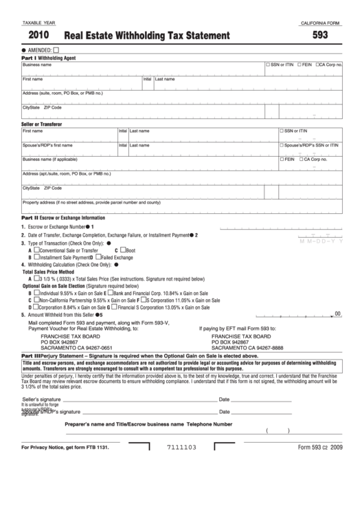 Fillable California Form 593 Real Estate Withholding Tax Statement 