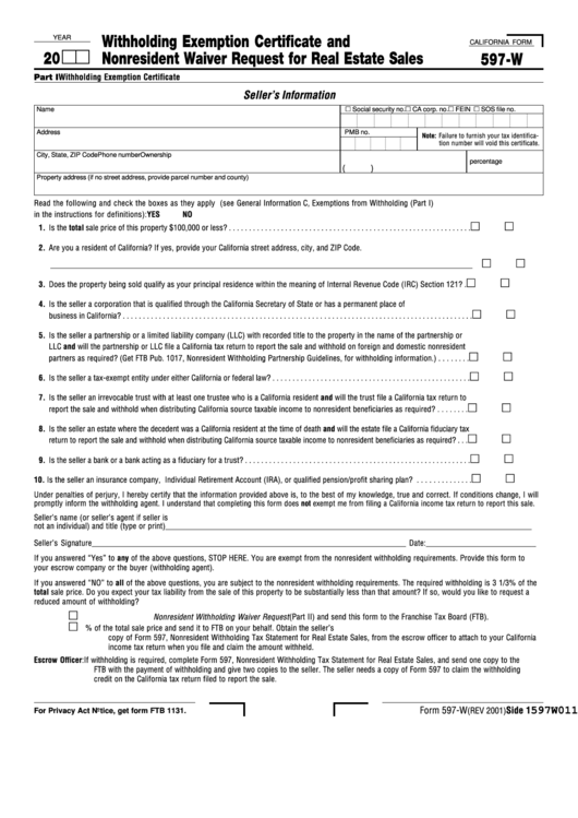Fillable California Form 597 W Withholding Exemption Certificate And 