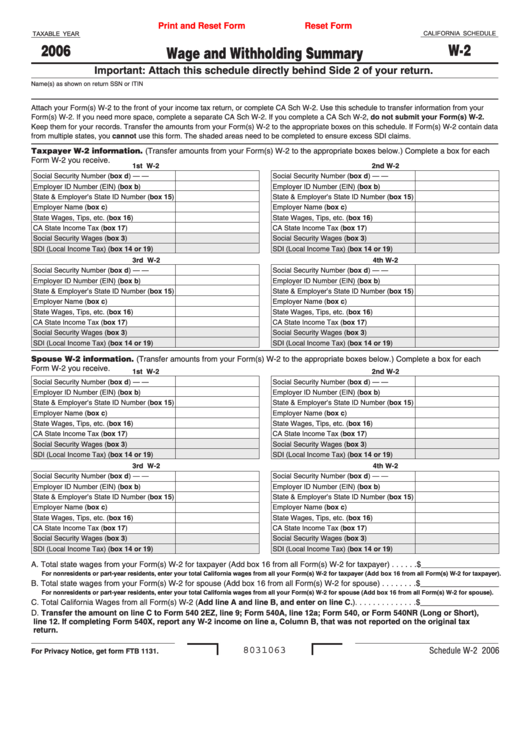 Fillable California Schedule W 2 Wage And Withholding Summary 2006 