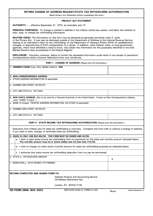 Fillable Dd Form 2866 Retiree Change Of Address Request state Tax