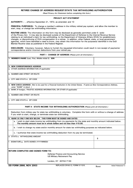 Fillable Dd Form 2866 Retiree Change Of Address Request state Tax 
