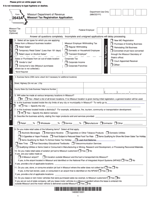 Fillable Form 2643a Missouri Tax Registration Application Printable 