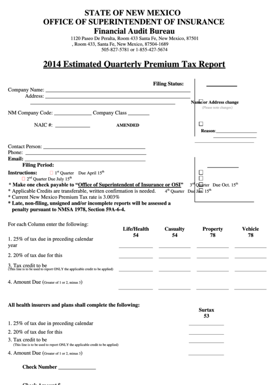 Fillable Form 306 Estimated Quarterly Premium Tax Report Printable 