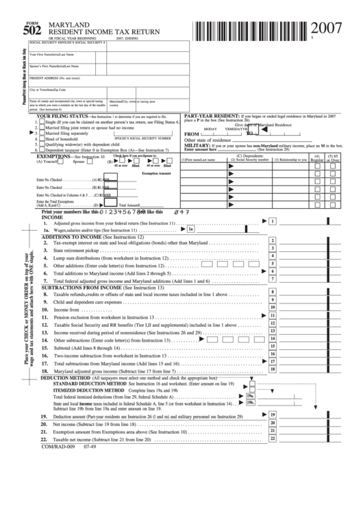 Fillable Form 502 Maryland Resident Income Tax Return 2007