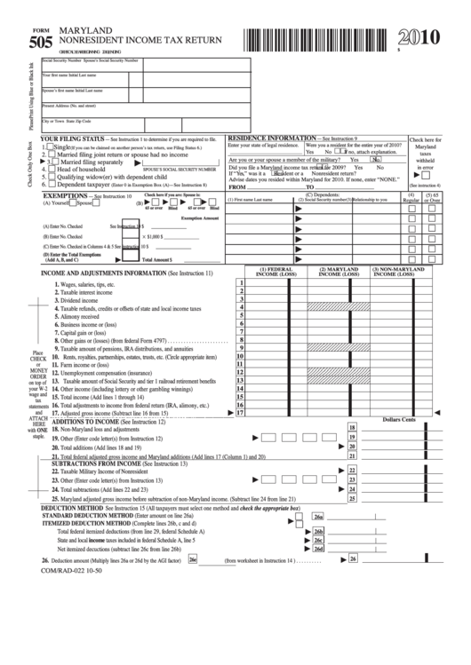 Fillable Form 505 Maryland Nonresident Income Tax Return 2010