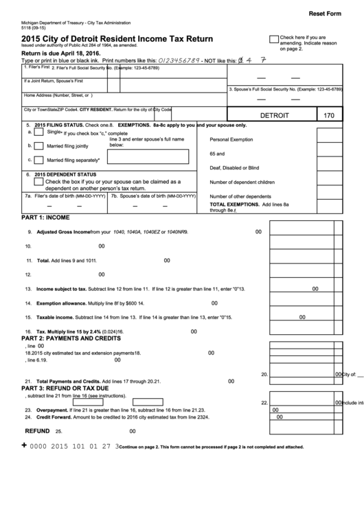 Fillable Form 5118 City Of Detroit Resident Income Tax Return 2015