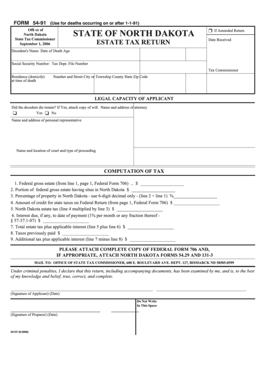 Fillable Form 54 91 Estate Tax Return State Of North Dakota 