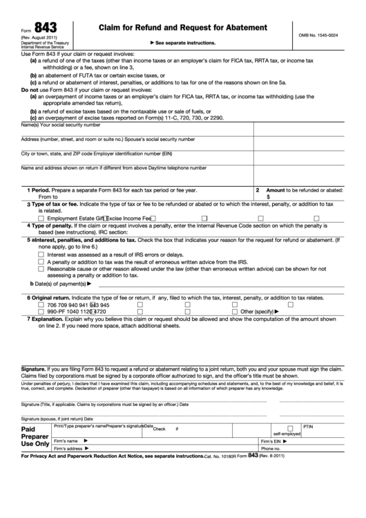 Fillable Form 843 Rev August 2011 Printable Pdf Download