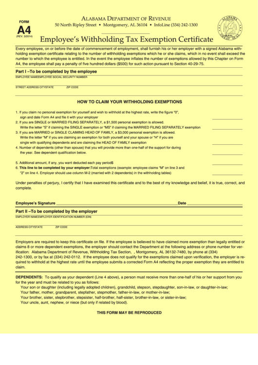 Fillable Form A4 Alabama Employee S Withholding Tax Exemption 