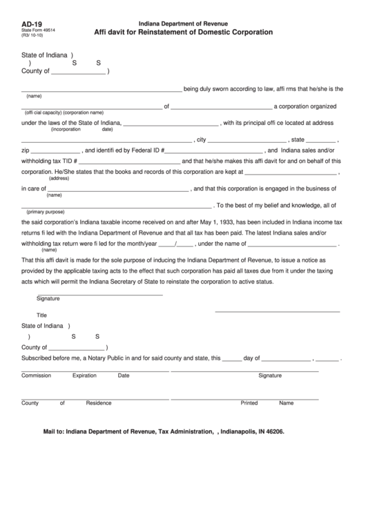 Fillable Form Ad 19 Indiana Affidavit For Reinstatement Of Domestic 