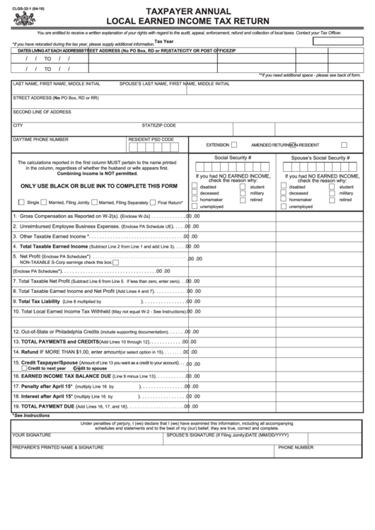 Fillable Form Clgs 32 1 Taxpayer Annual Local Earned Income Tax 