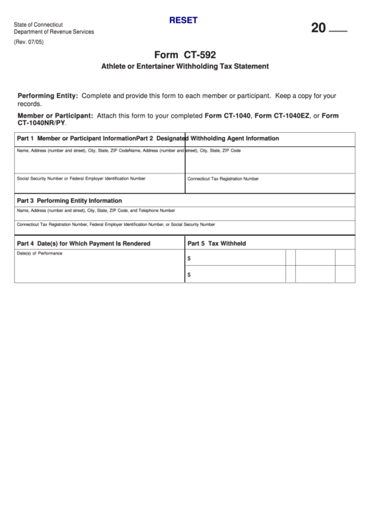 Fillable Form Ct 592 Athlete Or Entertainer Withholding Tax Statement 