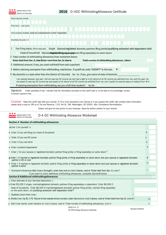 Fillable Form D 4 Dc Withholding Allowance Certificate 2016 