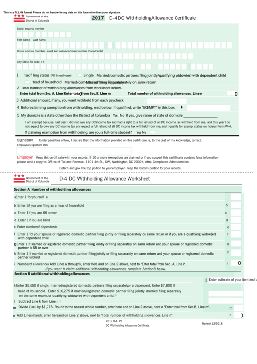 Fillable Form D 4 Dc Withholding Allowance Certificate 2017 